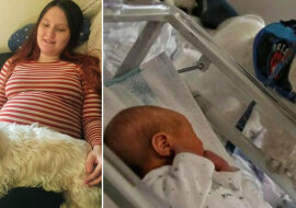 Charlotte Beard (left); her son and therapy dog (right). Source: Daily Mail screenshot